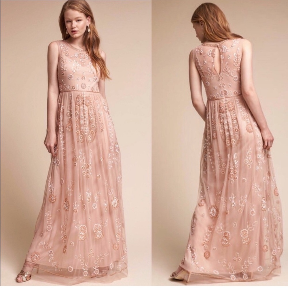 Adrianna Papell Fairytale Beaded Floral Sequin Maxi Dress with Illusion Neckline